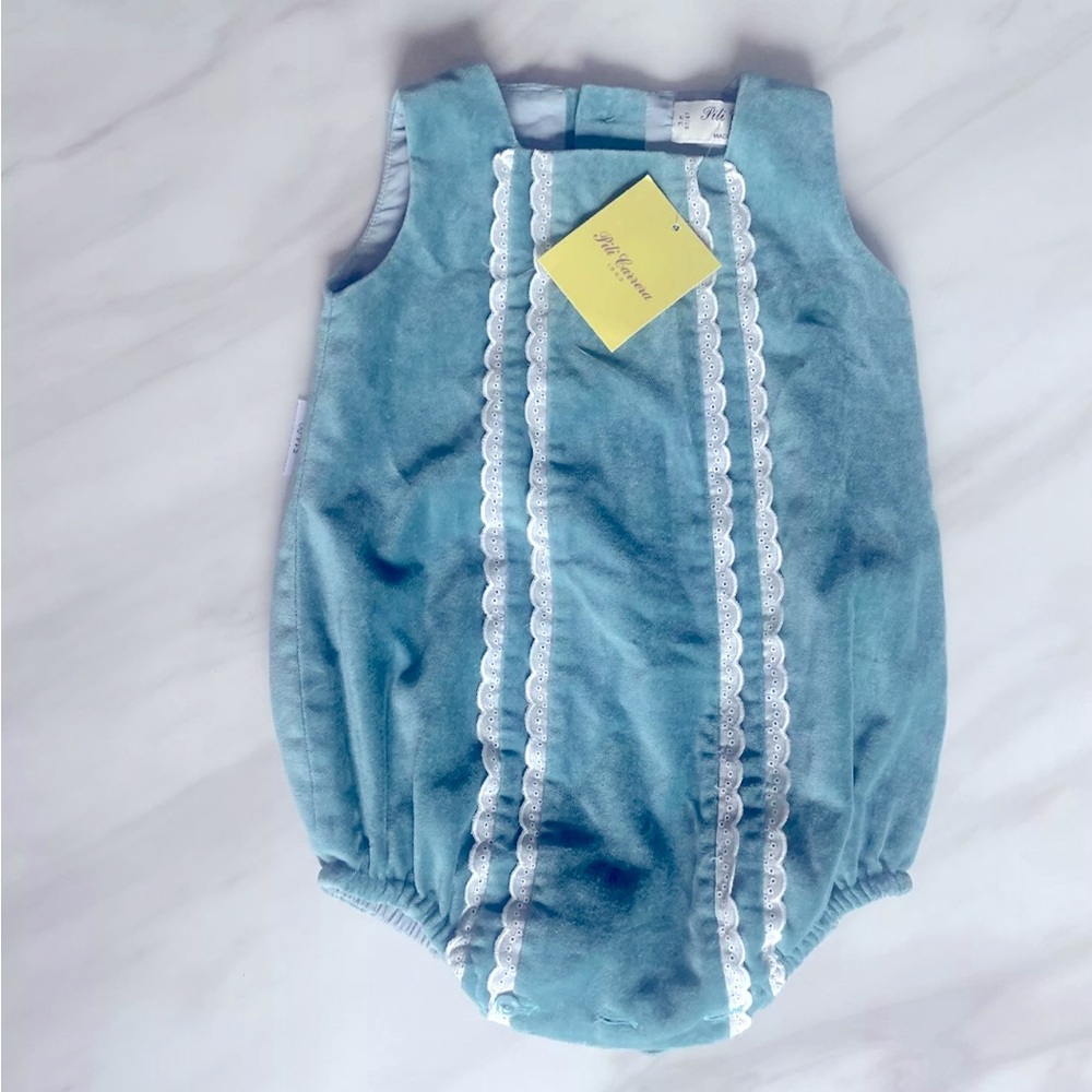 PILI CARRERA Age 3-6 Months Turquoise Ivory Lace Trim Romper